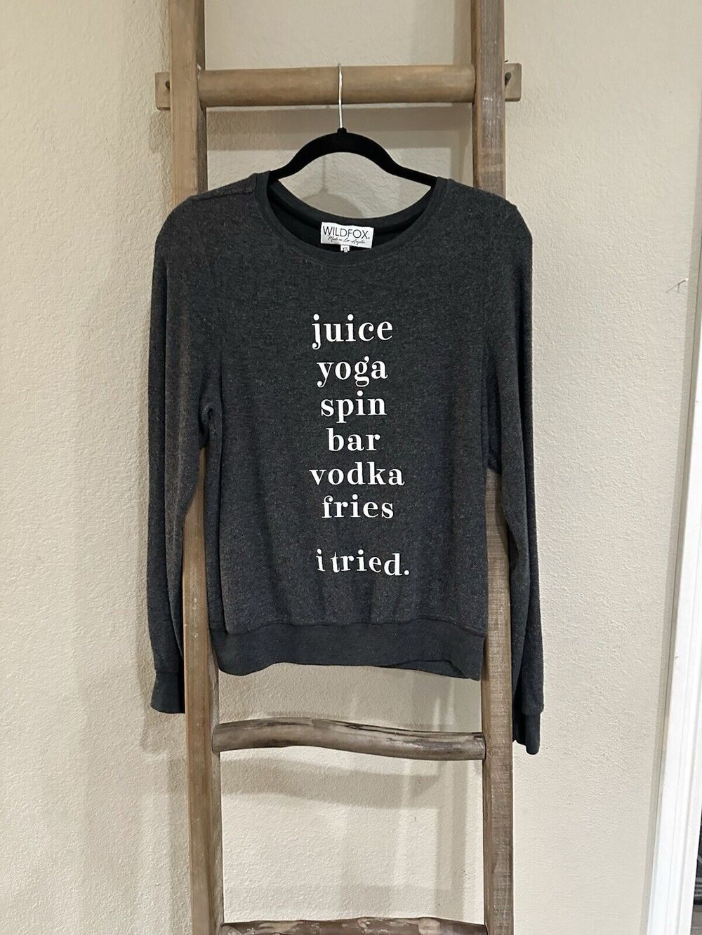 Wildfox “JUICE YOGA SPIN BAR VODKA FRIES I TRIED” Baggy Beach Sweatshirt Gray XS